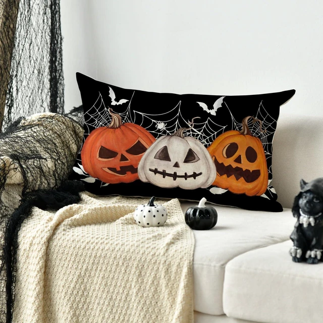 Alt view image 5 of 7 - AVOIN colorlife Halloween Pumpkin Jack-O'-Lanterns Bat Throw Pillow Cover, 12 x 20 Inch Holiday Farmhouse Black Cushion Case Decoration for Sofa Couch