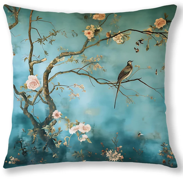 Main image of Blue Green Chinoiserie Floral Bird Pillow Cover 18x18 Double-Sided, Vintage Traditional Elegant Oriental Flower Bird Throw Pillow Cover Pillowcases for Couch Living Room Home Bedroom