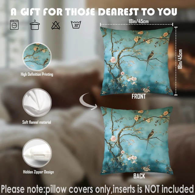 Alt view image 2 of 6 - Blue Green Chinoiserie Floral Bird Pillow Cover 18x18 Double-Sided, Vintage Traditional Elegant Oriental Flower Bird Throw Pillow Cover Pillowcases for Couch Living Room Home Bedroom
