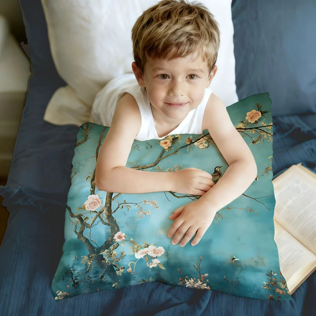Alt view image 5 of 6 - Blue Green Chinoiserie Floral Bird Pillow Cover 18x18 Double-Sided, Vintage Traditional Elegant Oriental Flower Bird Throw Pillow Cover Pillowcases for Couch Living Room Home Bedroom