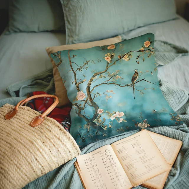 Alt view image 6 of 6 - Blue Green Chinoiserie Floral Bird Pillow Cover 18x18 Double-Sided, Vintage Traditional Elegant Oriental Flower Bird Throw Pillow Cover Pillowcases for Couch Living Room Home Bedroom