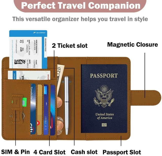 Alt view image 5 of 7 - HOTCOOL Passport Holder Travel Essentials Airplane & Cruise Essentials Ship Leather Wallet Cover Case RFID Blocking Women & Men Vacation Travel Accessories Gifts Deals, Litchi - Brown