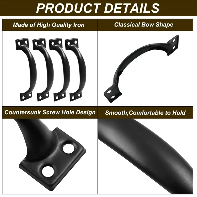 Alt view image 2 of 5 - Zorveiio 4Pcs 4 Metal Door Handles Bow Handle, Black Door Pulls Vintage | Large Door Pulls, Vintage Barn Door Style, For Furniture Cabinets Kitchen Drawer Dresser Gate