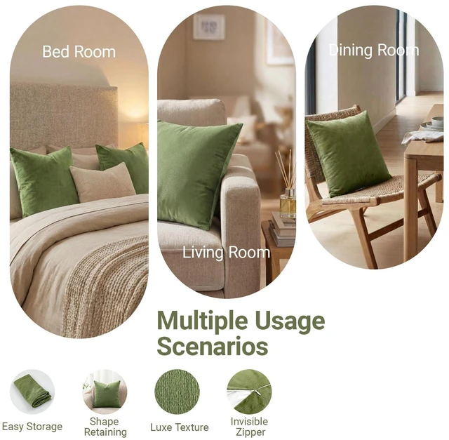 Alt view image 3 of 7 - Q&J FABRIC CO. Velvet Throw Pillow Covers 1 Pack 18x18 Inch Olive Green | 100% Polyester Plush, Soft Square Cushion Case Solid Luxury Pillow Covers for Living Room Couch Bed Sofa Outdoor Home Decor