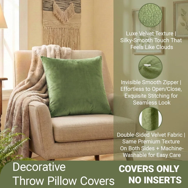 Alt view image 2 of 7 - Q&J FABRIC CO. Velvet Throw Pillow Covers 1 Pack 18x18 Inch Olive Green | 100% Polyester Plush, Soft Square Cushion Case Solid Luxury Pillow Covers for Living Room Couch Bed Sofa Outdoor Home Decor