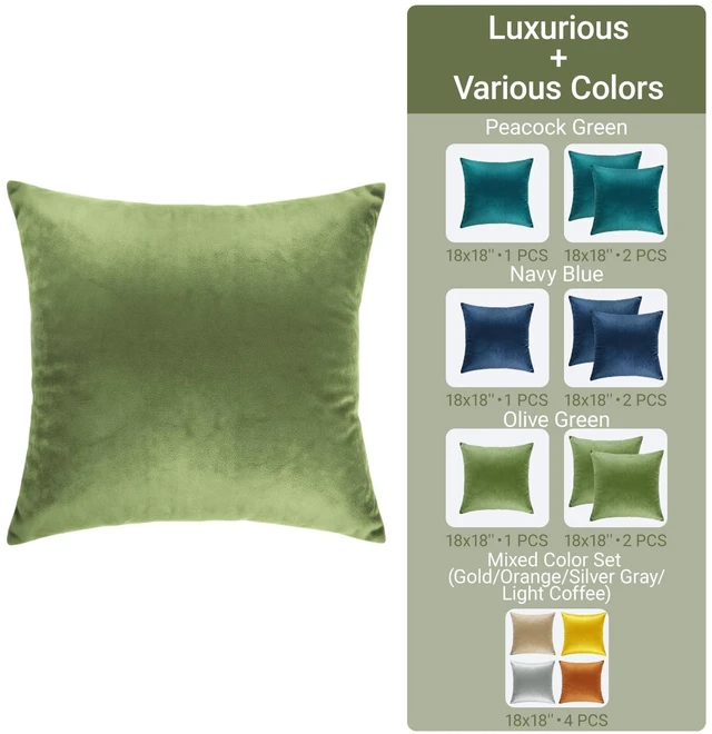 Alt view image 7 of 7 - Q&J FABRIC CO. Velvet Throw Pillow Covers 1 Pack 18x18 Inch Olive Green | 100% Polyester Plush, Soft Square Cushion Case Solid Luxury Pillow Covers for Living Room Couch Bed Sofa Outdoor Home Decor