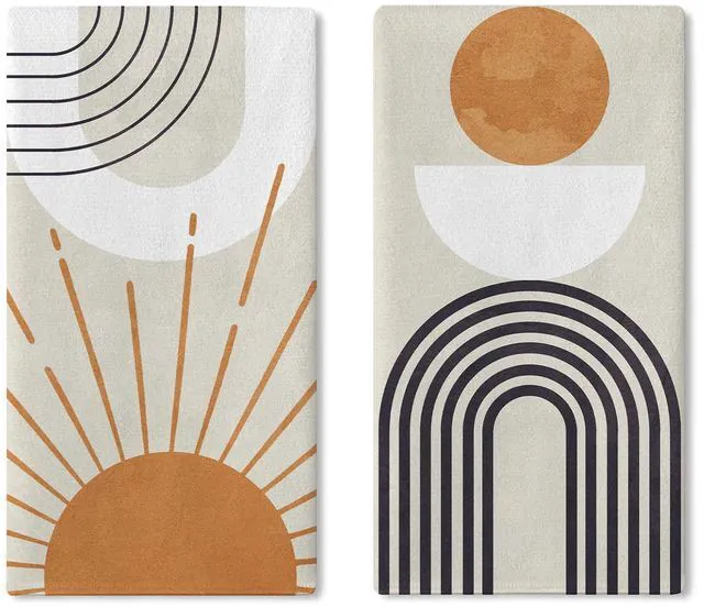 Main image of Croar Boho Geometric Abstract Kitchen Dish Towels Set of 2 | Modern Art Sun Sunshine Rainbow Semicircle Arch Drying Hand Towel Baking Cooking Cloth, Minimalist Bathroom Home Decoration