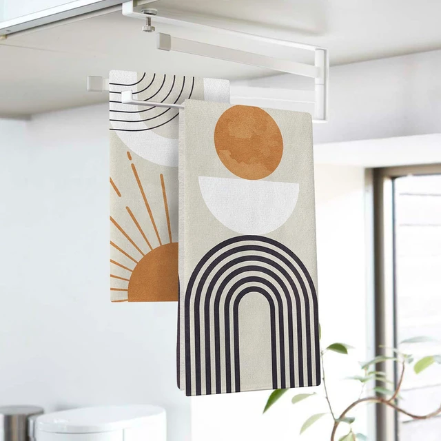 Alt view image 3 of 6 - Croar Boho Geometric Abstract Kitchen Dish Towels Set of 2 | Modern Art Sun Sunshine Rainbow Semicircle Arch Drying Hand Towel Baking Cooking Cloth, Minimalist Bathroom Home Decoration