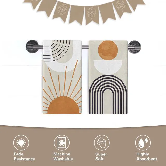 Alt view image 6 of 6 - Croar Boho Geometric Abstract Kitchen Dish Towels Set of 2 | Modern Art Sun Sunshine Rainbow Semicircle Arch Drying Hand Towel Baking Cooking Cloth, Minimalist Bathroom Home Decoration