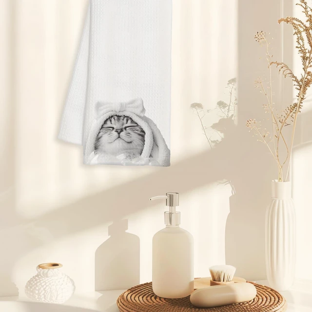 Alt view image 3 of 7 - BAYOGITA Cute Bow Cat Decor Bathroom Hand Towels Gifts- Cat Lover Gifts, Funny Bow Animal Kids Bathroom Towel, Funny Cute Animal Hand Towels for Restroom Decor, 16×24 Inch