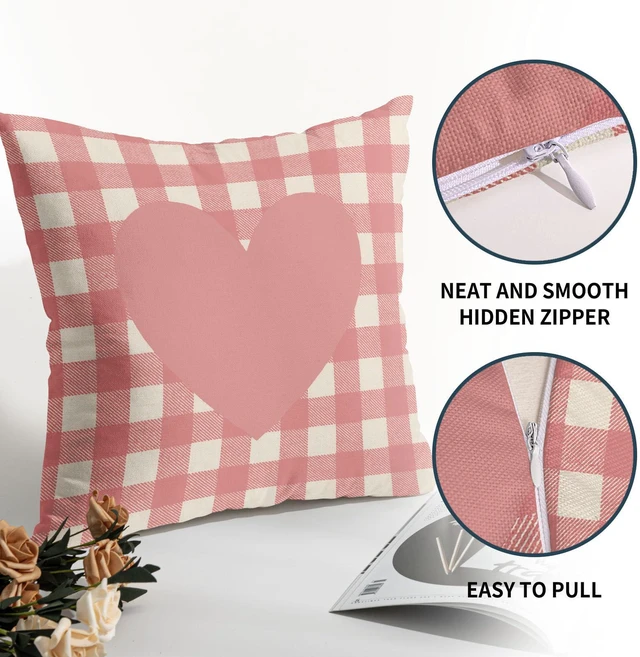 Alt view image 7 of 7 - Valentines Day Pillow Covers 18X18 Inch Pink White Buffalo Plaid Love Heart Decorative Pillow Cases Set of 2 Valentine's Day Wedding Anniversary Throw Pillows for Cushion Sofa Couch Outdoor