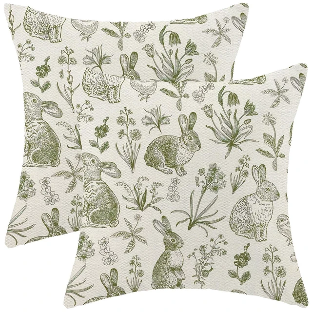 Main image of Sorktse Sage Green Easter Pillow Covers 18x18 Inch Set of 2 Spring Easter Bunny Floral Throw Pillows Outdoor Decorative Rabbit Botanical Flower Pillowcase Linen Cushion Cases for Bed Sofa Couch