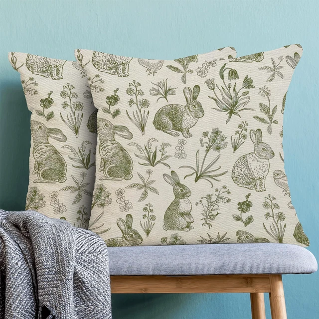 Alt view image 2 of 7 - Sorktse Sage Green Easter Pillow Covers 18x18 Inch Set of 2 Spring Easter Bunny Floral Throw Pillows Outdoor Decorative Rabbit Botanical Flower Pillowcase Linen Cushion Cases for Bed Sofa Couch