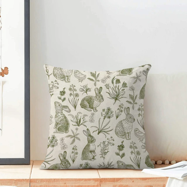 Alt view image 3 of 7 - Sorktse Sage Green Easter Pillow Covers 18x18 Inch Set of 2 Spring Easter Bunny Floral Throw Pillows Outdoor Decorative Rabbit Botanical Flower Pillowcase Linen Cushion Cases for Bed Sofa Couch