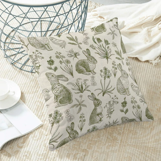 Alt view image 5 of 7 - Sorktse Sage Green Easter Pillow Covers 18x18 Inch Set of 2 Spring Easter Bunny Floral Throw Pillows Outdoor Decorative Rabbit Botanical Flower Pillowcase Linen Cushion Cases for Bed Sofa Couch