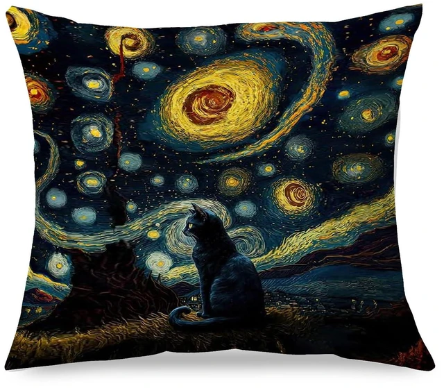 Main image of Supwhd Starry Night Black Cat Pillow Covers 18x18 - Cat Decor, Gifts for Cat Lovers, Mom, Lady - Double-Sided Pillow Cases