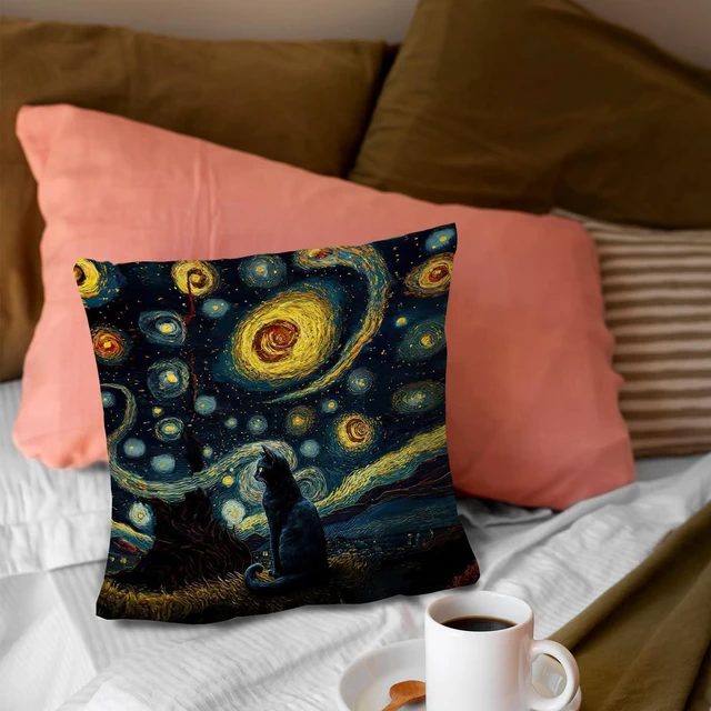 Alt view image 2 of 5 - Supwhd Starry Night Black Cat Pillow Covers 18x18 - Cat Decor, Gifts for Cat Lovers, Mom, Lady - Double-Sided Pillow Cases