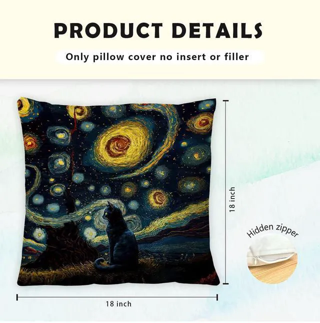 Alt view image 5 of 5 - Supwhd Starry Night Black Cat Pillow Covers 18x18 - Cat Decor, Gifts for Cat Lovers, Mom, Lady - Double-Sided Pillow Cases