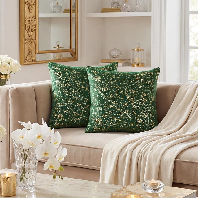 Alt view image 2 of 7 - AVOIN colorlife Gold Foil Velvet Throw Pillow Covers 18 x 18 Inch, Green Luxury Accent Cushion Case Glitter Decoration for Home Sofa Couch Set of 2