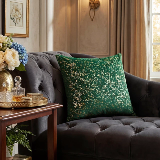 Alt view image 4 of 7 - AVOIN colorlife Gold Foil Velvet Throw Pillow Covers 18 x 18 Inch, Green Luxury Accent Cushion Case Glitter Decoration for Home Sofa Couch Set of 2