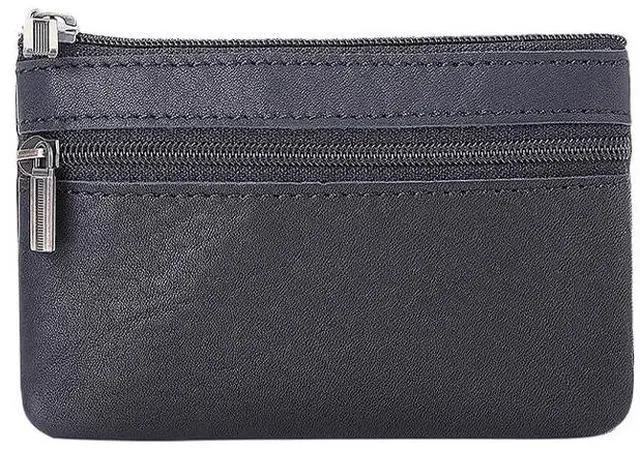 Main image of Mens Leather Coin Purse Small Zippered Coin Pouch Cash Change Wallet Portable Money Pouch Credit Card Key Holder with Key Ring Black