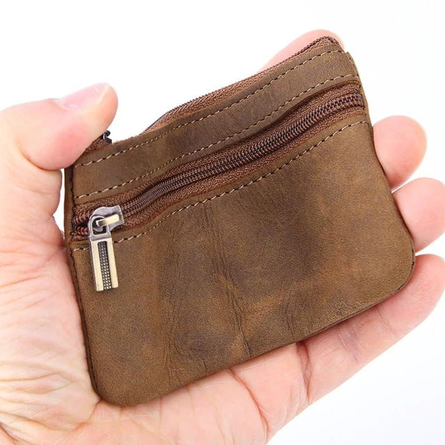 Alt view image 3 of 6 - Mens Leather Coin Purse Small Zippered Coin Pouch Cash Change Wallet Portable Money Pouch Credit Card Key Holder with Key Ring Black