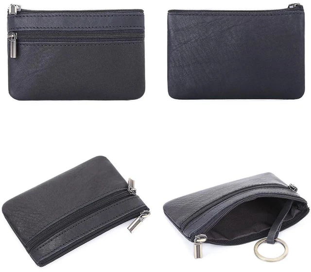 Alt view image 2 of 6 - Mens Leather Coin Purse Small Zippered Coin Pouch Cash Change Wallet Portable Money Pouch Credit Card Key Holder with Key Ring Black