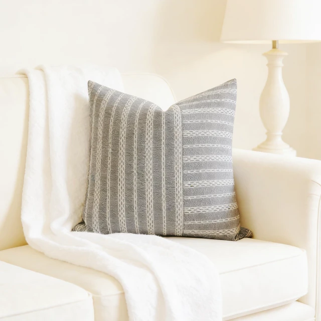 Alt view image 2 of 7 - Square Throw Pillow Cover Stripe 18 x 18 Inches Black Beige | Decorative Textured Woven Patchwork Accent Cushion with Hidden Zipper for Living Room Home Decor