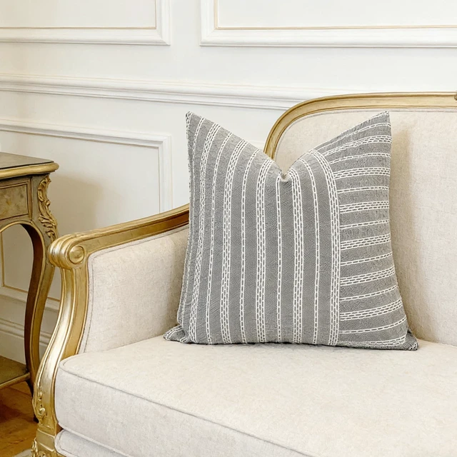 Alt view image 6 of 7 - Square Throw Pillow Cover Stripe 18 x 18 Inches Black Beige | Decorative Textured Woven Patchwork Accent Cushion with Hidden Zipper for Living Room Home Decor