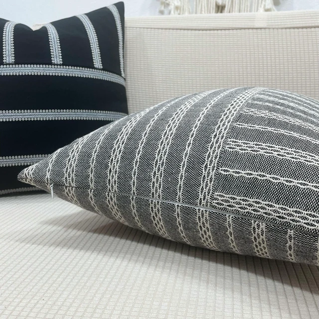 Alt view image 4 of 7 - Square Throw Pillow Cover Stripe 18 x 18 Inches Black Beige | Decorative Textured Woven Patchwork Accent Cushion with Hidden Zipper for Living Room Home Decor