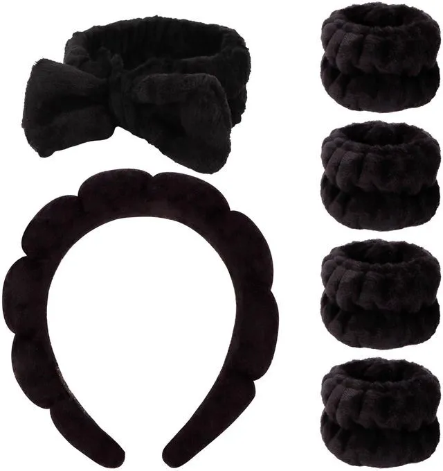 Main image of AOPRIE SPA Headbands for Washing Face Makeup Headbands with Bow Hair Band Women Facial Head Band Wrist Towel Wraps For Shower Face Mask Black 2 Style Black, 6 Pack