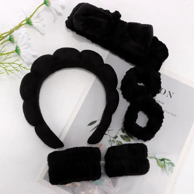 Alt view image 3 of 7 - AOPRIE SPA Headbands for Washing Face Makeup Headbands with Bow Hair Band Women Facial Head Band Wrist Towel Wraps For Shower Face Mask Black 2 Style Black, 6 Pack