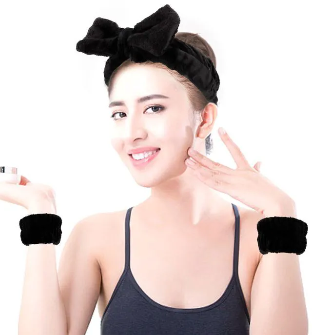 Alt view image 4 of 7 - AOPRIE SPA Headbands for Washing Face Makeup Headbands with Bow Hair Band Women Facial Head Band Wrist Towel Wraps For Shower Face Mask Black 2 Style Black, 6 Pack