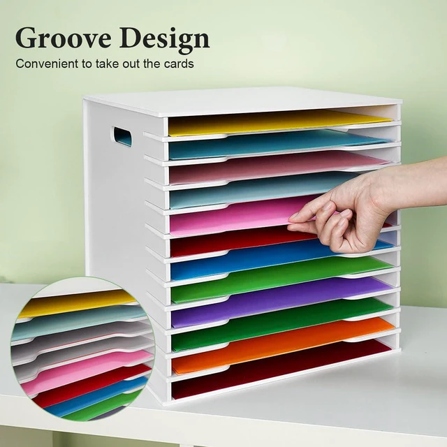 Alt view image 3 of 7 - 12 Slots Scrapbook Paper Organizer for Sizes 12" x 12" | File Sorter Storage, Document Holder, Desktop Scrapbook Paper Organizer Rack for Home Office School, Standard Size, White