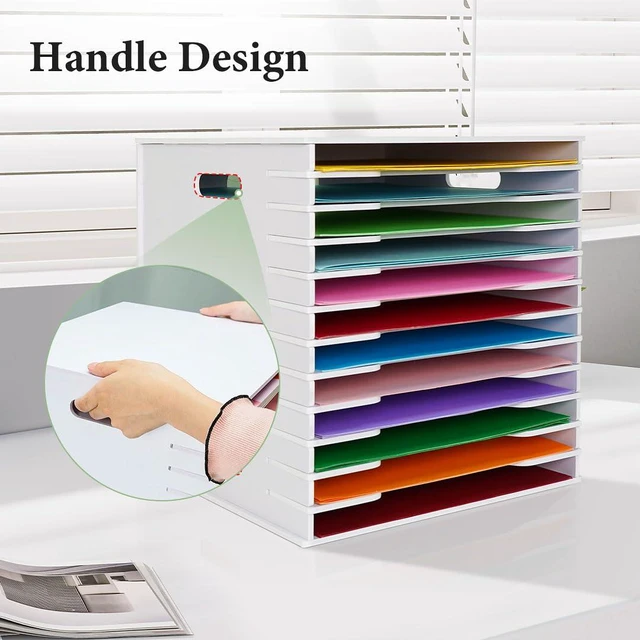 Alt view image 4 of 7 - 12 Slots Scrapbook Paper Organizer for Sizes 12" x 12" | File Sorter Storage, Document Holder, Desktop Scrapbook Paper Organizer Rack for Home Office School, Standard Size, White