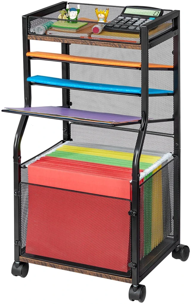 Main image of Rolling File Cart, 5-Tier Mobile Filing Cabinet on Lockable Wheels, Under Desk Storage, Mesh Sliding Hanging Folder, Office Storage & Organization Cabinet for Office, Home, and School