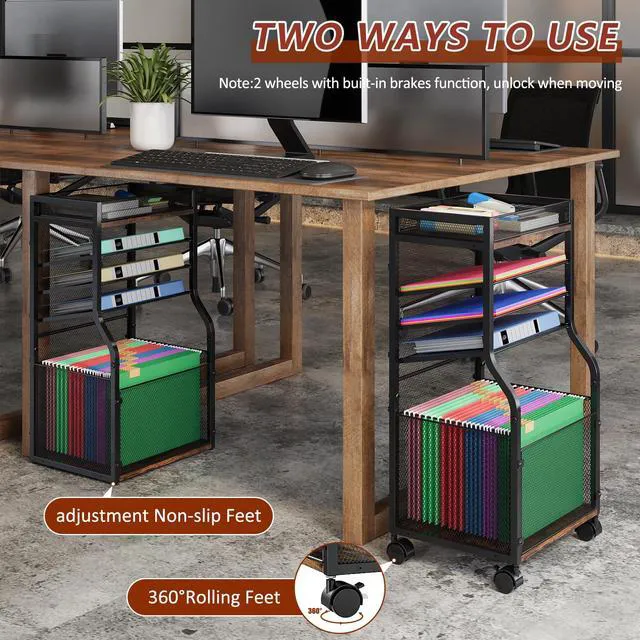 Alt view image 3 of 6 - Rolling File Cart, 5-Tier Mobile Filing Cabinet on Lockable Wheels, Under Desk Storage, Mesh Sliding Hanging Folder, Office Storage & Organization Cabinet for Office, Home, and School