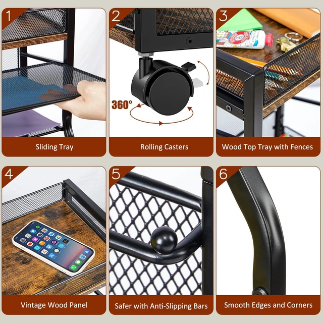 Alt view image 5 of 6 - Rolling File Cart, 5-Tier Mobile Filing Cabinet on Lockable Wheels, Under Desk Storage, Mesh Sliding Hanging Folder, Office Storage & Organization Cabinet for Office, Home, and School