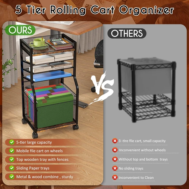 Alt view image 6 of 6 - Rolling File Cart, 5-Tier Mobile Filing Cabinet on Lockable Wheels, Under Desk Storage, Mesh Sliding Hanging Folder, Office Storage & Organization Cabinet for Office, Home, and School