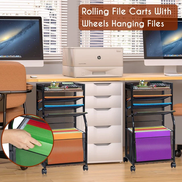 Alt view image 4 of 6 - Rolling File Cart, 5-Tier Mobile Filing Cabinet on Lockable Wheels, Under Desk Storage, Mesh Sliding Hanging Folder, Office Storage & Organization Cabinet for Office, Home, and School