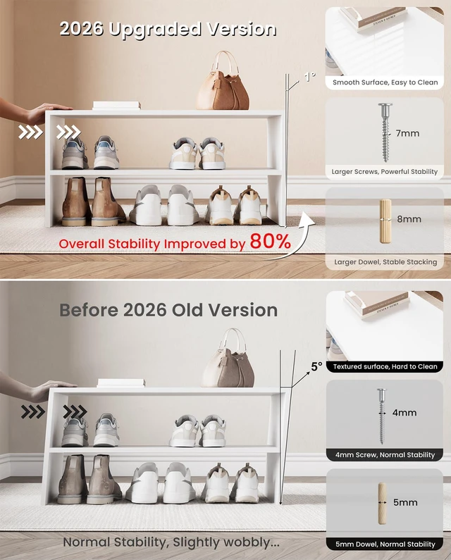 Alt view image 2 of 7 - 2-Tier Stackable Shoe Rack, Holds 69 Pairs, 24.6 Inches, White | Freestanding Wooden Shoe Shelf with Upgraded Stability, Space Saving, Perfectly Fits Closet, Entryway, Office and Dorms