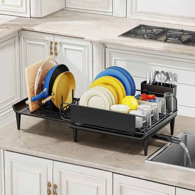 Alt view image 2 of 7 - Expandable Dish Drying Rack for Kitchen Counter with Drainboard | Expands from 16.9 to 26.6 inches to fit more dishes, plates with fast drainage and flexible placement for any sink