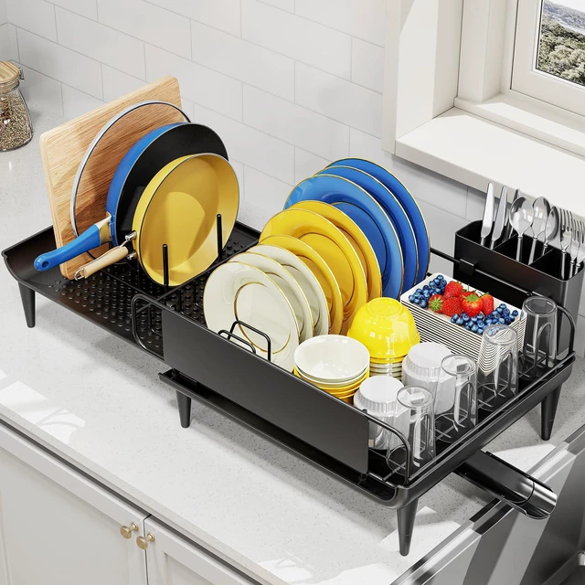Main image of Expandable Dish Drying Rack for Kitchen Counter with Drainboard | Expands from 16.9 to 26.6 inches to fit more dishes, plates with fast drainage and flexible placement for any sink