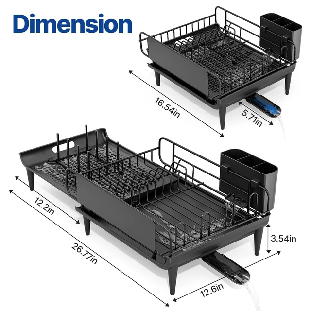 Alt view image 3 of 7 - Expandable Dish Drying Rack for Kitchen Counter with Drainboard | Expands from 16.9 to 26.6 inches to fit more dishes, plates with fast drainage and flexible placement for any sink