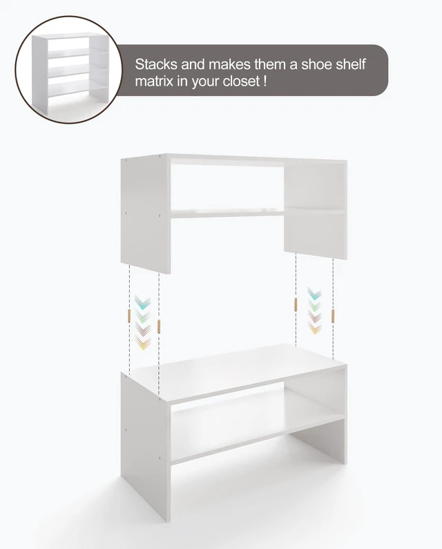 Alt view image 6 of 7 - 2-Tier Stackable Shoe Rack, Holds 69 Pairs, 24.6 Inches, White | Freestanding Wooden Shoe Shelf with Upgraded Stability, Space Saving, Perfectly Fits Closet, Entryway, Office and Dorms