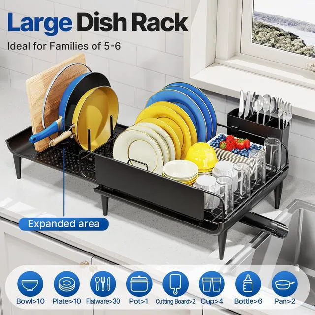 Alt view image 6 of 7 - Expandable Dish Drying Rack for Kitchen Counter with Drainboard | Expands from 16.9 to 26.6 inches to fit more dishes, plates with fast drainage and flexible placement for any sink
