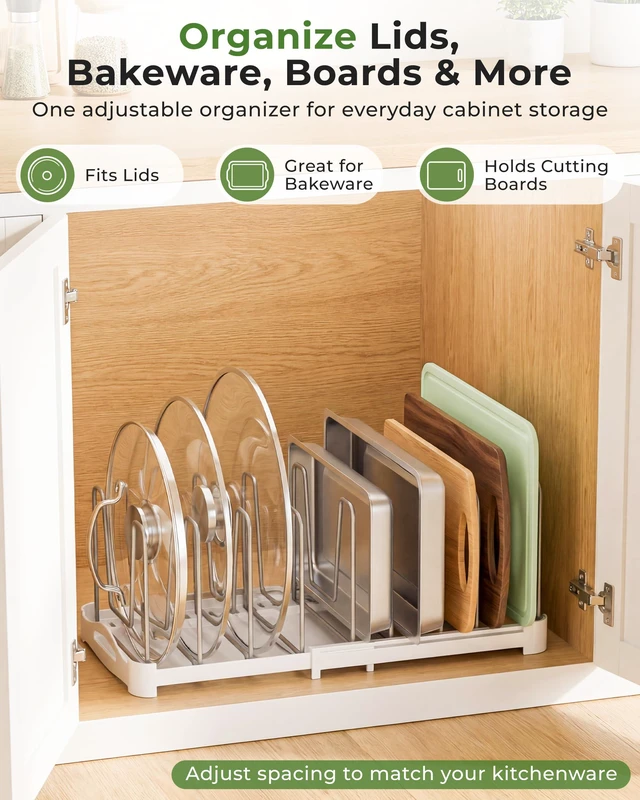Alt view image 2 of 7 - Adjustable Bakeware Organizer Pot Lid Holder Rack for Pots, Cake Molds, Cutting Boards, Mats, Cookware, GS02SS, Pack of 2