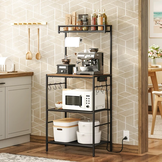 Main image of Bakers Rack with Storage, Microwave Stand with Paper Holder, Bakers Rack with Power Outlet, Coffee Bar Station with 6 Hooks, for Kitchen, Dining Room, Rustic Brown and Black