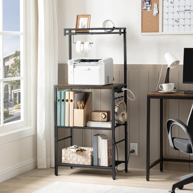 Alt view image 2 of 7 - Bakers Rack with Storage, Microwave Stand with Paper Holder, Bakers Rack with Power Outlet, Coffee Bar Station with 6 Hooks, for Kitchen, Dining Room, Rustic Brown and Black