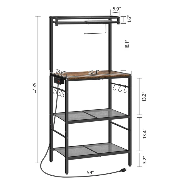 Alt view image 3 of 7 - Bakers Rack with Storage, Microwave Stand with Paper Holder, Bakers Rack with Power Outlet, Coffee Bar Station with 6 Hooks, for Kitchen, Dining Room, Rustic Brown and Black